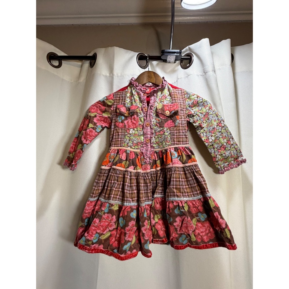 Room Seven Girls Patchwork Corduroy Dress Floral Plaid Tiered Boho Red Pink 4